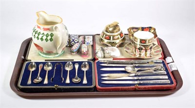 Lot 359 - A cased set of six silver teaspoons with matching tongs, a cased set of six silver handled tea...