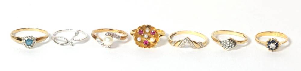 Lot 425 - A 9 carat white gold two stone diamond ring, finger size M1/2; four various 9 carat gold gem...