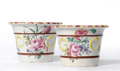 Lot 205 - A Pair of Bow Porcelain Flower Pots, circa 1765, of flared form with ring handles, painted with...