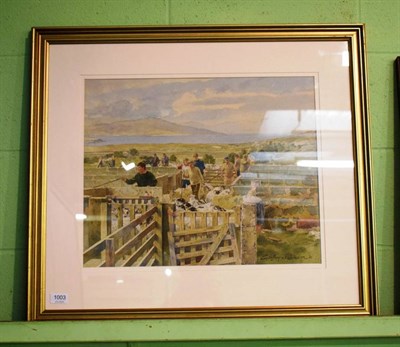 Lot 1003 - Geoffrey Robinson, Sheep market scene, signed and dated (19)86, watercolour, 42.5cm by 52.5cm