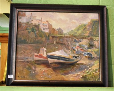 Lot 1005 - Michelle Saunders (20th century) Staithes, signed, oil on canvas, 50cm by 60cm