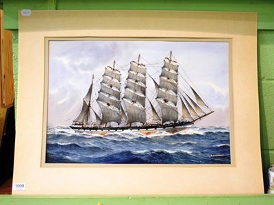 Lot 1009 - T P Wiseman, Sailing ship/Clipper on choppy water, signed, watercolour, 37cm by 54.5cm
