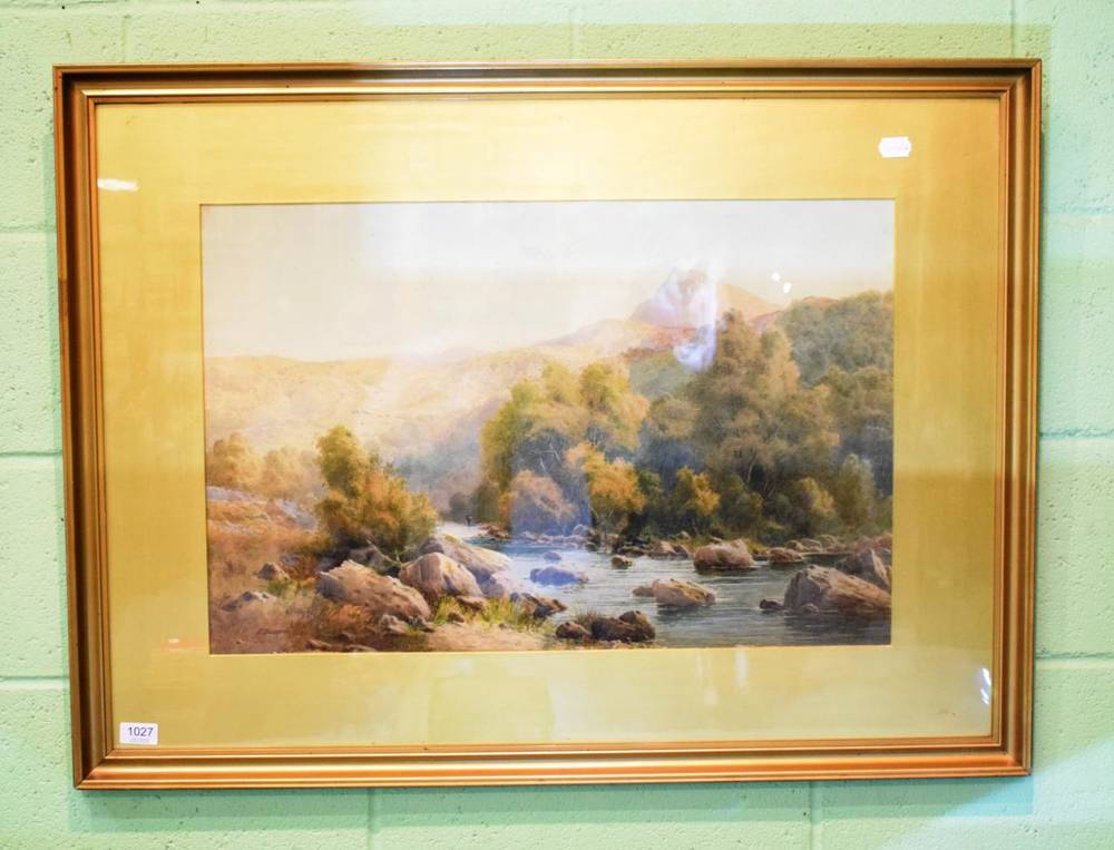 Lot 1027 - Frederick Boisserée (fl.1876-1877), River landscape with a figure and mountains in the foreground