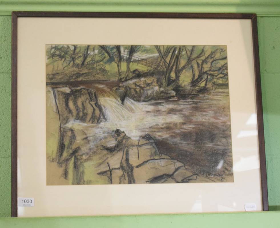 Lot 1030 - Jim Manley (20th century) ''Waterfall'', signed, pastel