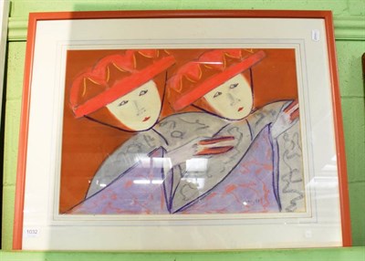 Lot 1032 - Rachmiel Kranz (20th/21st century) Two women wearing red hats, signed and dated (19)88, pastel