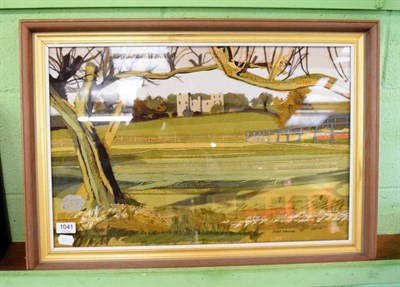 Lot 1041 - Janet Rawlins, Bolton Castle, fabric mixed media, signed, 39cm by 60cm