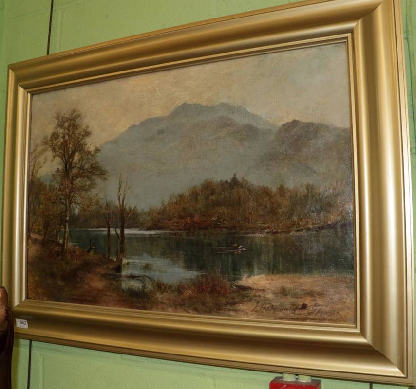 Lot 1052 - J H Oswald (20th century), Boating in a lakeland landscape, signed oil on canvas, 50cm by 75cm