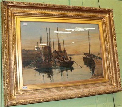 Lot 1054 - Robert Edouard Stirling Patterson (fl.1890-1940), Harbour scene with boats off a jetty, signed...