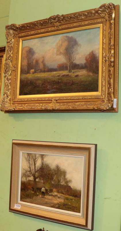 Lot 1059 - Adam Edwin Proctor RBA (1864-1913) Country view with shepherd and sheep, signed and dated '05,...