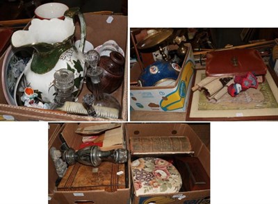 Lot 1068 - A group of miscellaneous including glass, ceramics, hunting horn, tea caddy, needlework, skis,...