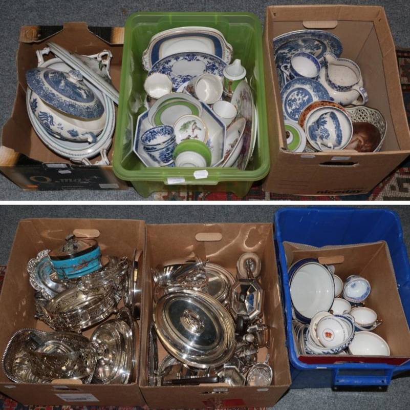 Lot 1076 - Two boxes of silver plate, together with four boxes of various ceramics including blue and...