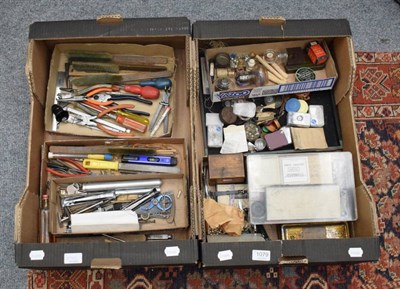 Lot 1079 - A quantity of watchmakers tools, wristwatch movements, spare parts, etc (in two boxes)