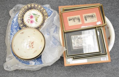 Lot 1081 - A 19th century blue and white meat plate and another; pictures and prints; two wash bowls etc
