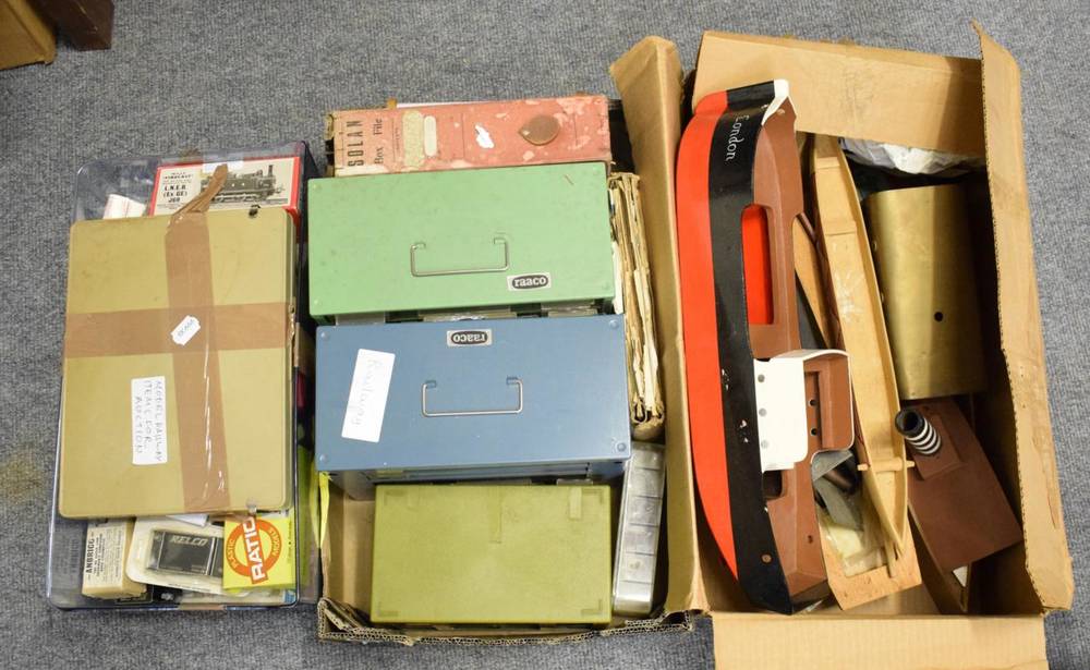 Lot 1089 - Four boxes of model railway; aeroplane and boat kits (mostly built), with spare parts