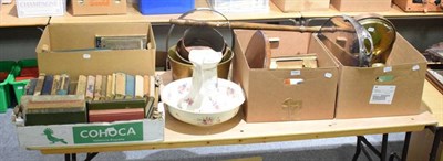Lot 1097 - A quantity including copper and brass pans, bed warming pan, candlesticks, silver plate, pewter, Le