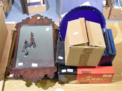 Lot 1098 - A 19th century mahogany fretwork mirror; a tile inset tray; various glass; ceramics; and silver...