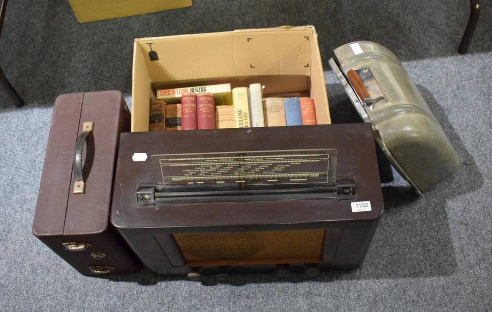 Lot 1102 - Philips electric radio; Antoria gramophone; Imperial vintage portable typewriter; and an oak...