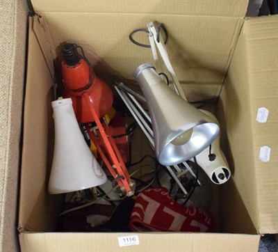Lot 1116 - A box of four angle poise style lamps etc