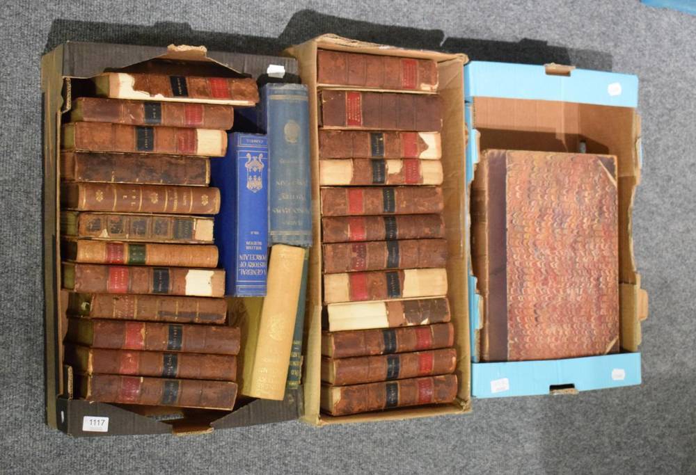 Lot 1117 - A collection of various leather-bound books, principally a run of law reports, along with four...