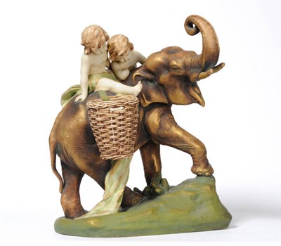 Lot 223 - An Austrian Porcelain Figure Group, early 20th century, as two children riding an elephant,...