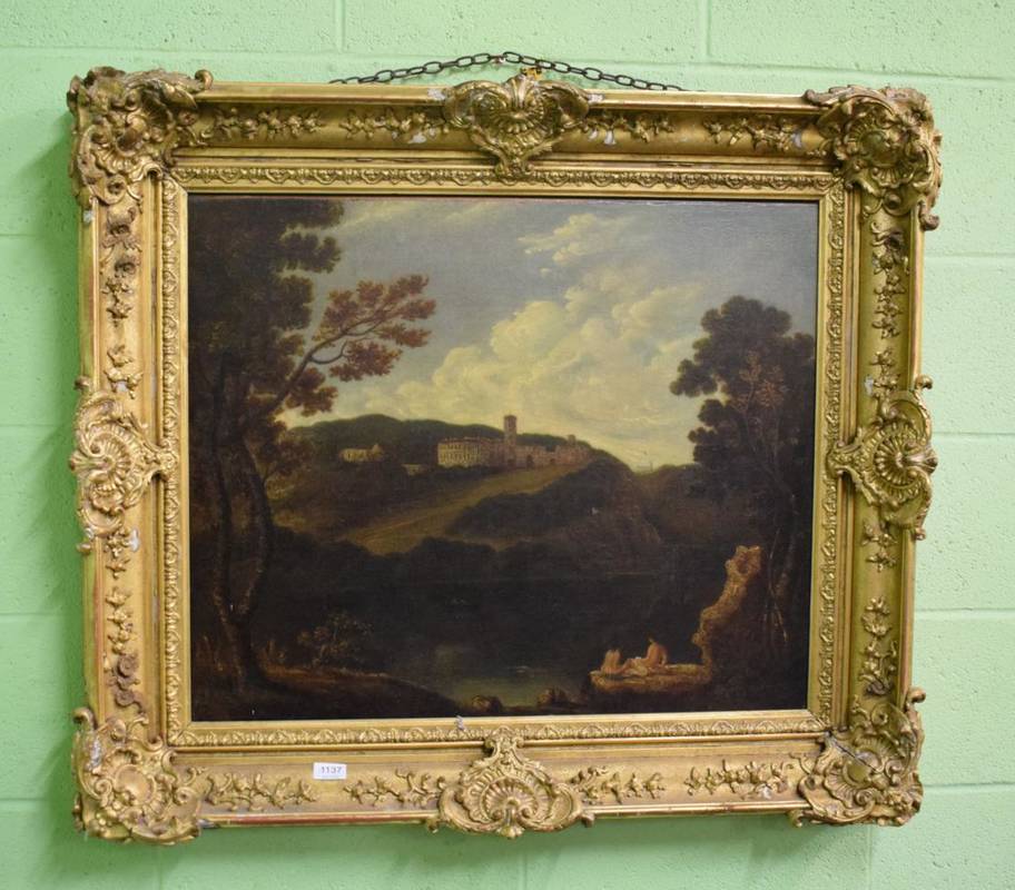 Lot 1137 - An 18th century oil on canvas landscape with figures