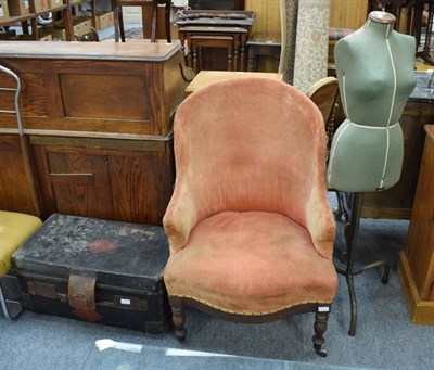 Lot 1154 - A French (1880) armchair with rust coloured upholstery; a retro Singer dress makers mannequin;...