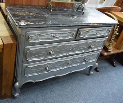 Lot 1158 - A 19th century French style silver painted marble topped three-height commode (a.f.)