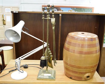 Lot 1163 - Angle poise lamp; stoneware barrel; and a brass fire companion set