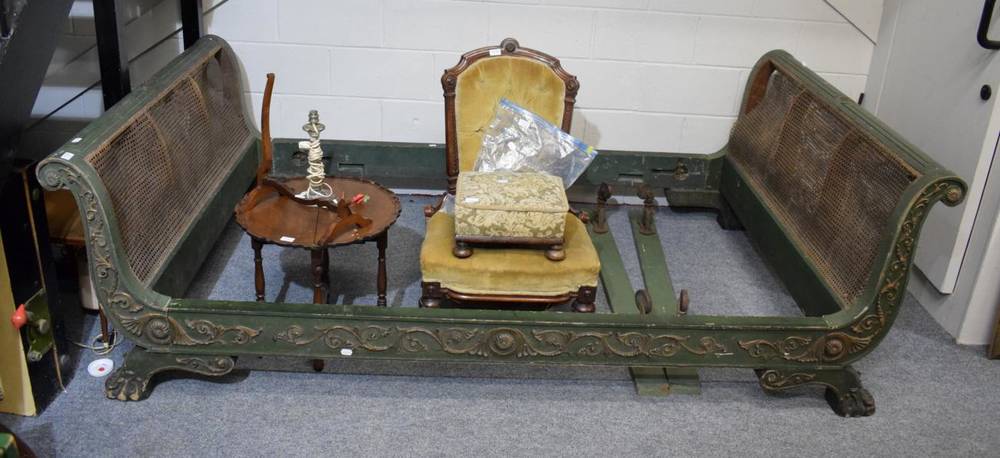 Lot 1177 - A Victorian lady's chair; a small folding table; an ornate brass bed-drape holder with tie backs