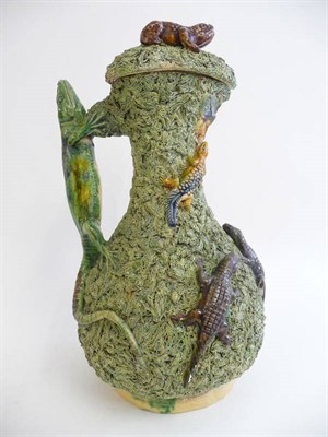 Lot 230 - A Caldas de Rainha (Portugal) Palissy Style Ewer and Cover, circa 1900, with frog knop and...