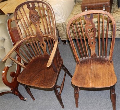 Lot 1238 - Ash double spindle back Windsor armchair with elm moulded seat and a yew back single Windsor dining