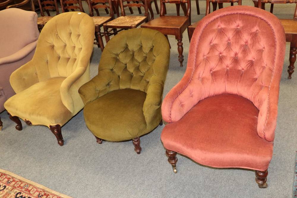 Lot 1245 - Victorian nursing chair, upholstered in green buttoned fabric; a larger Victorian example...