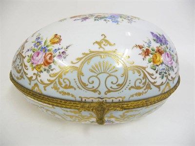 Lot 236 - A Gilt Metal Mounted Paris Porcelain Egg Shaped Casket and Cover, circa 1900, painted with...