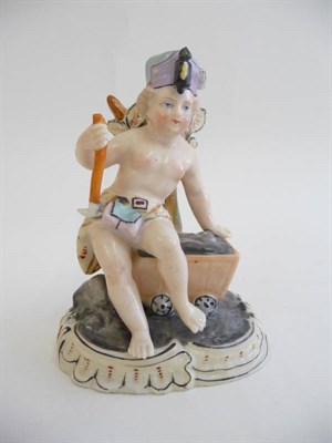 Lot 238 - A German Porcelain Figure of a Cherub as a Miner, late 19th century, wearing a miner's lamp and...