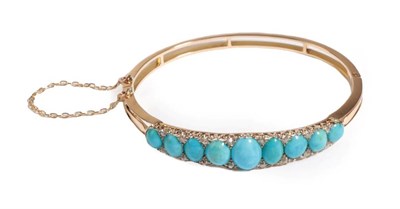 Lot 17 - A Victorian Turquoise and Diamond Bangle, graduated oval cabochon turquoise with pairs of rose...
