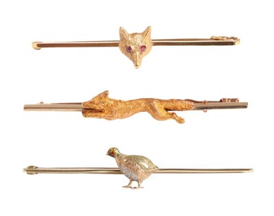 Lot 18 - Three Bar Brooches; one depicting a fox mask, one a running fox and the third a grouse (3)