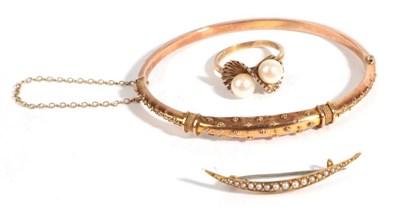 Lot 21 - A Bangle, circa 1900, with bead and rope twist decoration; A 1960's 9 Carat Gold Cultured Pearl Two