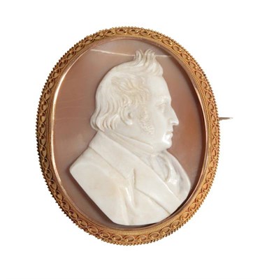 Lot 27 - A Victorian Cameo Brooch, the shell carved to depict a gentleman, a picture enclosed in the...