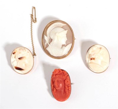 Lot 54 - Four Cameo Brooches, including; one depicting Ares, one of Diana the Huntress, and another of...