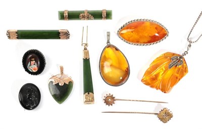Lot 57 - A Quantity of Jewellery, including; a diamond set stick pin, a pearl set stick pin, two jet...