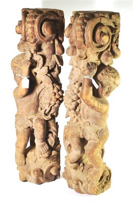 Lot 67 - A Pair of Carved Wooden Pilasters, in 17th century style, each as a cherub holding grapes...