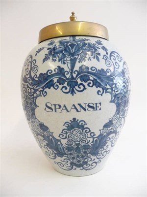 Lot 248 - A Dutch Delft Ovoid Tobacco Jar and Brass Cover, 18th century, inscribed SPAANSE within a...