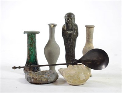 Lot 69 - An Egyptian Style Shabti Figure, 13.5cm; A Roman Style Glass Phial, 10cm; A Terracotta Oil...