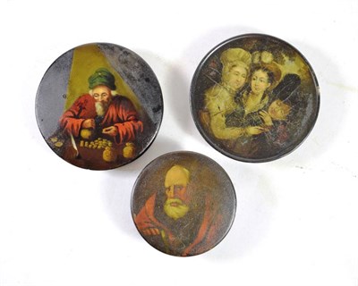 Lot 76 - A Papier Mâché Snuff Box and Cover, 19th century, of circular form, painted with two ladies and a