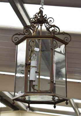 Lot 90 - ~ A Pair of Regency Style Brass Hexagonal Hall Lanterns, 65cm; and a Regency Style Gilt Metal...