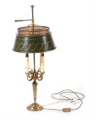 Lot 91 - ~ A Brass Table Lamp with Toleware Shade, 63cm; and Two French Napoleonic Style Table Lamps (3)