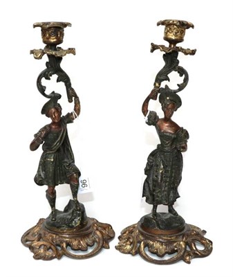 Lot 96 - ~ A Pair of Bronze Candlesticks, late 19th/early 20th century, as a Highland lad and lassie, on...