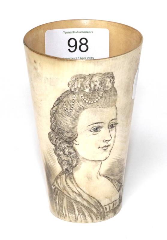 Lot 98 - ~ A Horn Beaker, 20th century, incised and coloured with a bust portrait of a lady