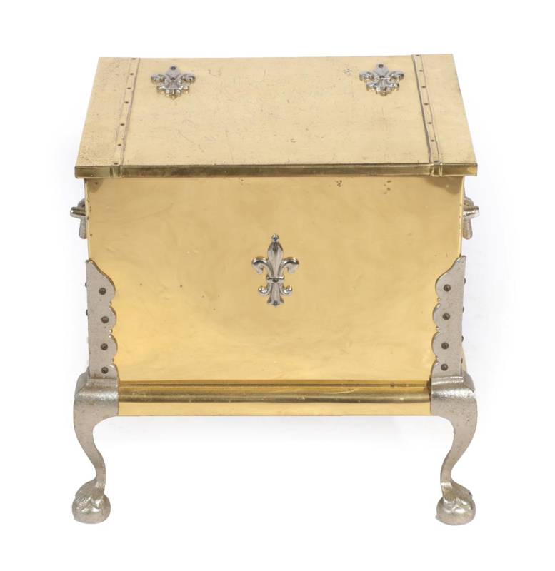Lot 100 - ~ A Brass and Steel Coal Box, 20th century, the hinged lid enclosing a removable liner, side...