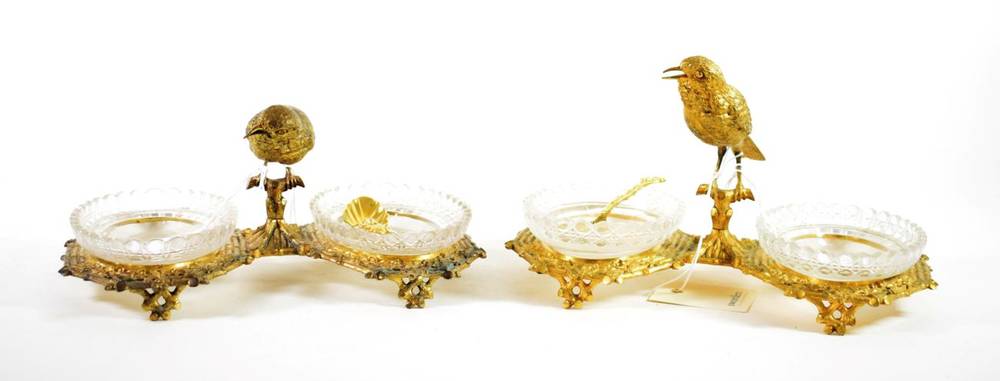 Lot 113 - A Pair of Gilt Metal and Cut Glass Caviar Dishes, late 19th century, modelled as a song bird...